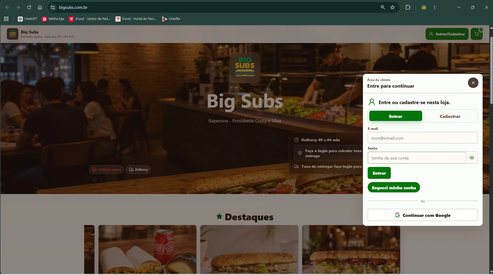Loja Online real com entrada simplificada usando Google