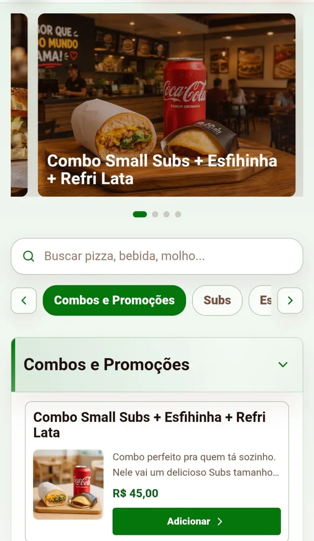 Cardápio responsivo exibido em um celular